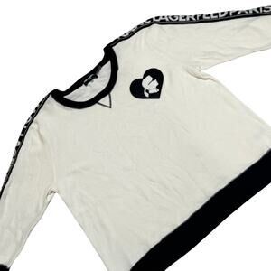 Karl Lagerfeld Paris Cream Black Graphic Knit Sweater Logo Sleeve Sz XL
